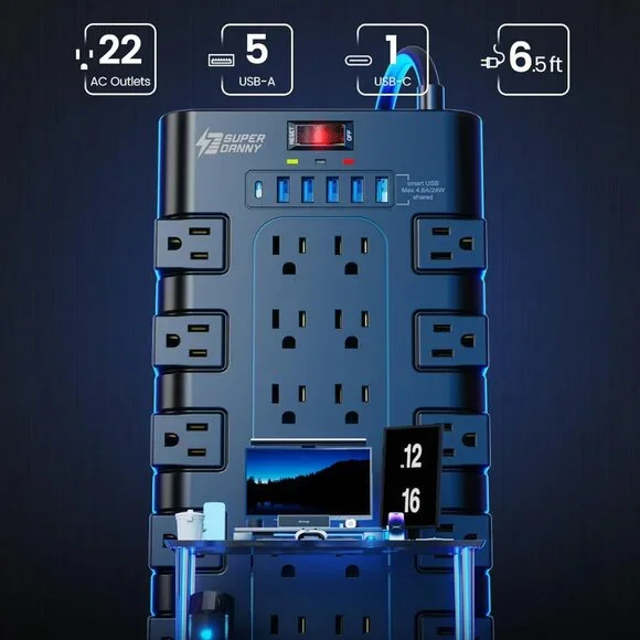 Power Strip, Surge Protector with 22 AC Outlets and 6 USB Charging Ports, 1875W/